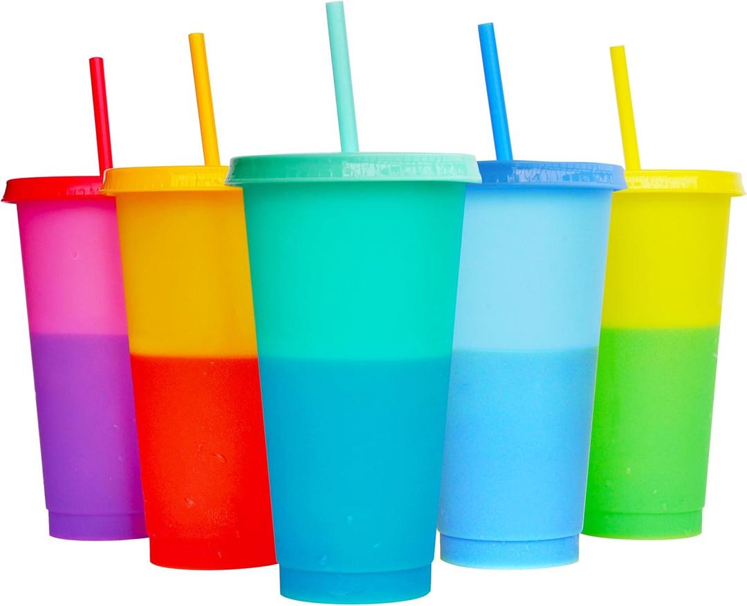 Color Changing Cups, 5 Pack 24oz Plastic Tumblers, Reusable Iced Coffee & Smoothie Cups with Lids and Straws for Parties and Travel