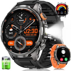 Smart Watches for Men, Smart Watch with 100 Days Battery/Flashlight/Heart Rate/Sleep/SpO2 Monitor/Calling/110+ Sports Mode, 5 ATM Rugged Men's Fitness Tracker Watch for Android iPhone(Black)