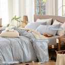 MooMee Gingham Duvet Cover Set 100% Washed Cotton Linen Like Textured Breathable Durable Soft Comfy Modern Checkered Design (Classic Gingham Cornflower Blue, Full 80"x90")