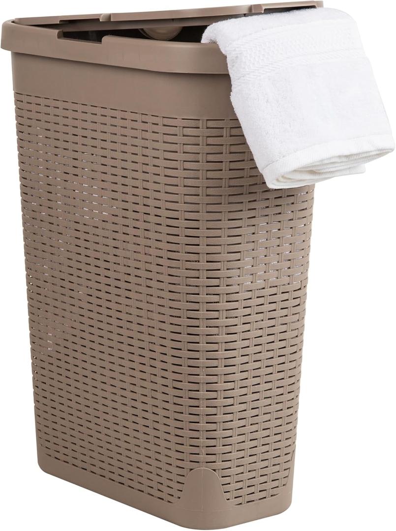 Mind Reader Slim Laundry Hamper with Lid, 40L Clothes Basket, Narrow Tapered Design with Ventilated Cutout Pattern, Plastic, Tan, Single