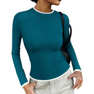 ZESICA Women's Long Sleeve Crewneck Shirts Spring Knit Slim Fitted Casual Basic Tee Sweater Tops (X-Large, Teal)