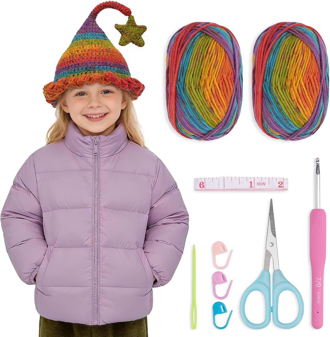 Alvian Elf Hat Crochet Kit for Beginners Rainbow Crochet Beanie Kit Knitting Kit for Beginners Adults Handmade Winter Toque (Red)