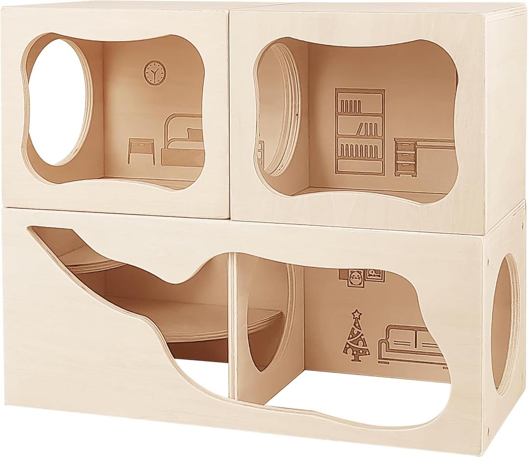 Hamster Hideout Wooden House,Hamsters Multi Chamber Hideout,Small Animal Habitat for Clear Observation,Hamster Toys for Dwarf Hamstersm,Gerbils, Hedgehogs, Rats, Mice (Living Room + Study Room+ Bedroom)