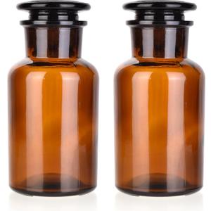 Lab Glass Reagent Bottle,Wide Mouth Glass Storage Bottle with Ground Stopper,Decorative Bottles/Vase (Amber, 2 * 250ML)