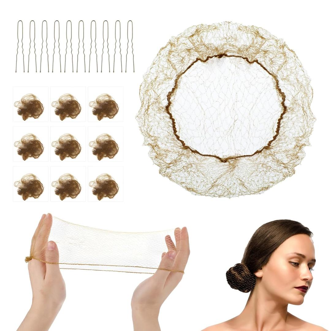 20Pcs Hair Net,Invisible 39cm Hair Bun Maker,Elastic Mesh Hairs Nets for Buns 20 U-Shaped Pins Ballet Hairs Accessories for Women Ballet Buns Dance (Brown)