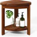 Solid Teak Shower Stool with Shelf for Shaving Legs, Small Corner Bench for Foot Rest, Heavy Duty Wood Bathseat Near Bathtub, Easy Assembly