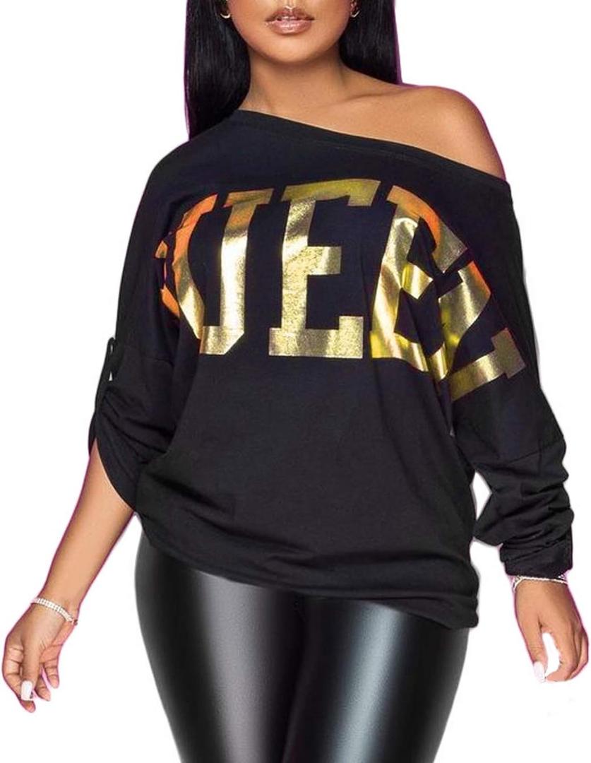PESION Womens Off The Shoulder Tops Sexy Shiny Metallic Shirts Long Sleeves Fashion Graphic T-Shirts Blouses (Black, XL)