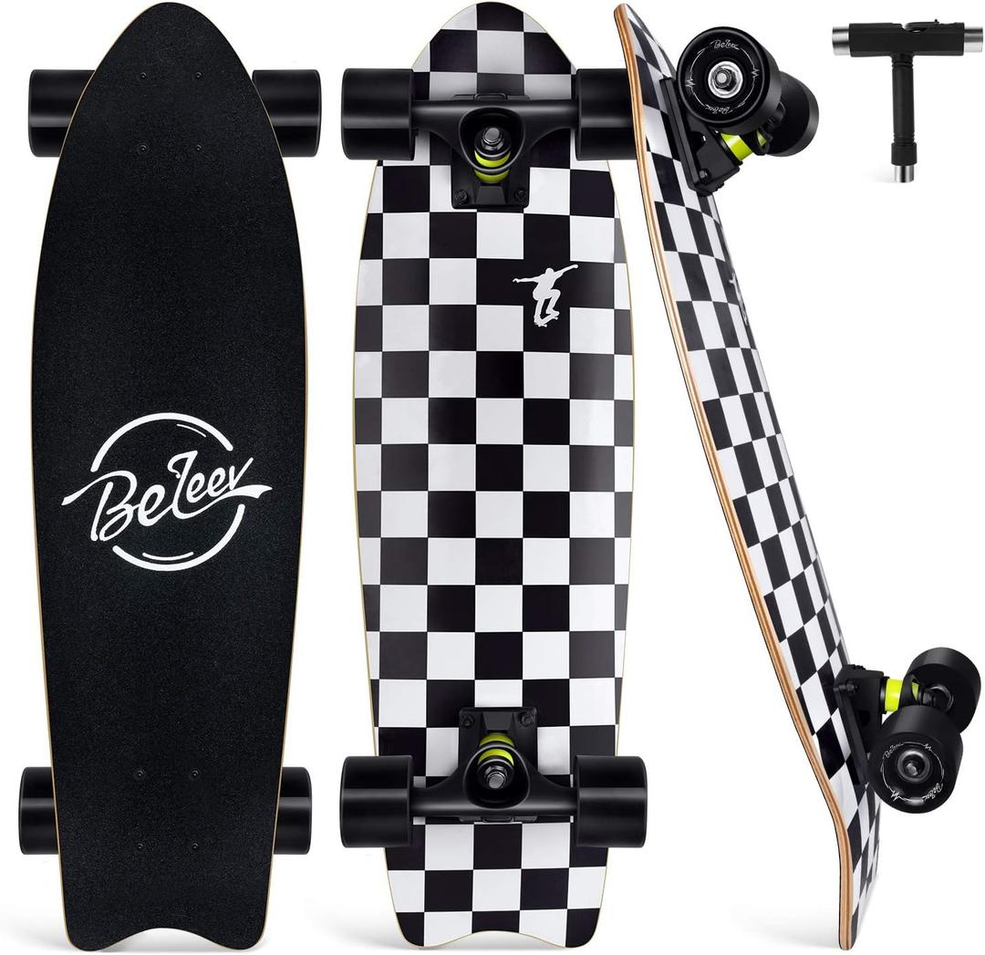 BELEEV Cruiser Skateboards for Beginners, 27 x 8 inch Complete Skateboard for Kids Teens Adults, 7 Ply Canadian Maple Double Kick Deck Concave Skateboard with Skate T-Tool