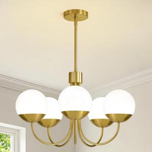 KAISITE Modern Chandelier for Dining Room 5-Light Gold Chandelier Globe Glass Dining Room Light Fixture Over Table Hanging Ceiling Light for Kitchen Bedroom Living Room Foyer