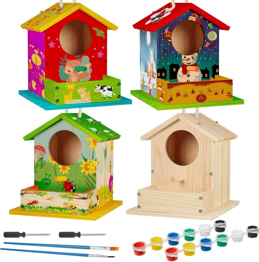 Liliful 2 Pack DIY Wooden Birdhouse Kit, Crafts for Kids and Adults, Bird House with Paint and Paintbrushes Painting Kits for Boys and Girls, Spring Birthday Classroom Gifts for Ages 4-8