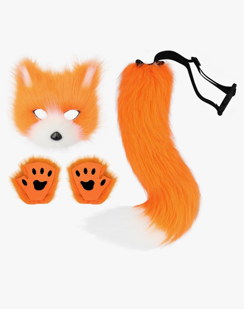 Adolala Faux Fur Fox Tail Cat Wolf Set Plush Mask Fluffy Paw Gloves Halloween Christmas Party for Women