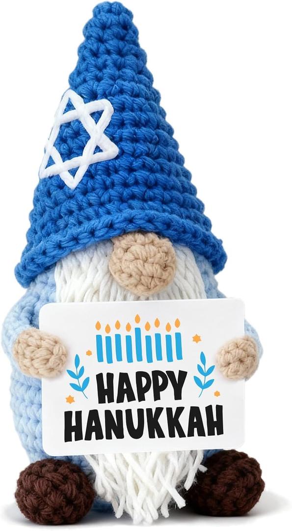 Weming Hanukkah Gnome Crochet Plush, Handmade Blue Gnome with Star David Hat & Happy Hanukkah Candle Card, Mini Amigurumi Jewish, Chanukah Decor for Women, Festival of Lights Desk Ornament