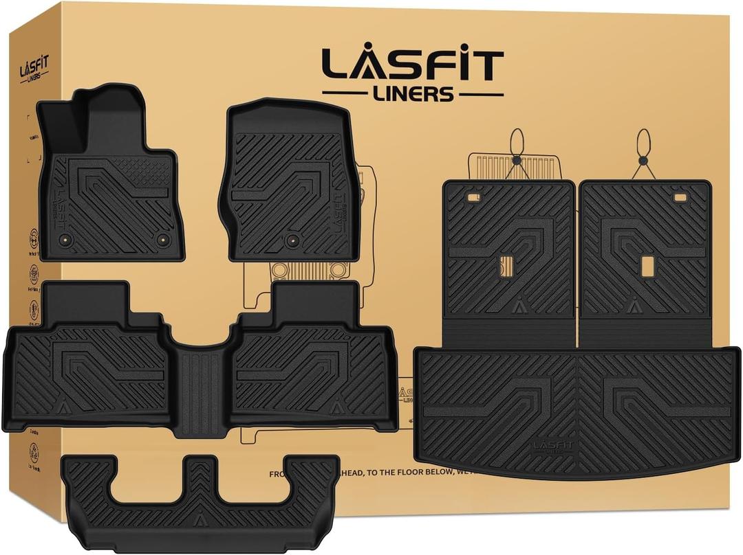 LASFIT Floor Mats & Cargo with Backrest Mat for Ford Explorer 7 Seats 2020-2025 2026 7 Passenger(Not Fit 6 Seats), Custom Fit All Weather Protector TPE Easy Clean Floor Liners, 5pcs Full Set Black