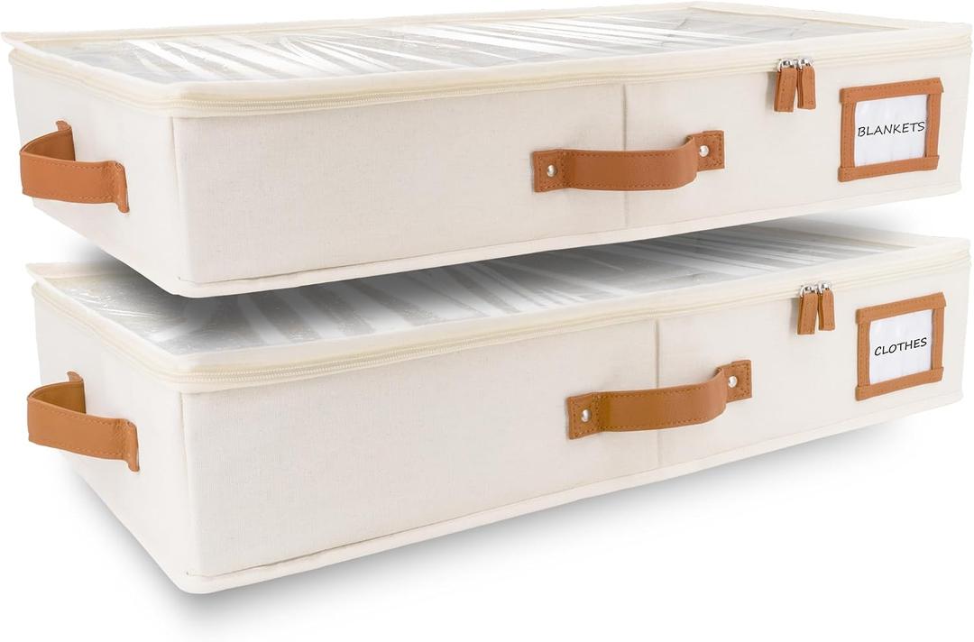 HOMELUX THEORY 2pc Under Bed Storage Containers, Bedroom Under the Bed Drawer Storage Organizer with Bins and Lids, Medium Underbed Clothes Storage Box Ideal for Blanket, Fabric, & Shoes (Ivory)