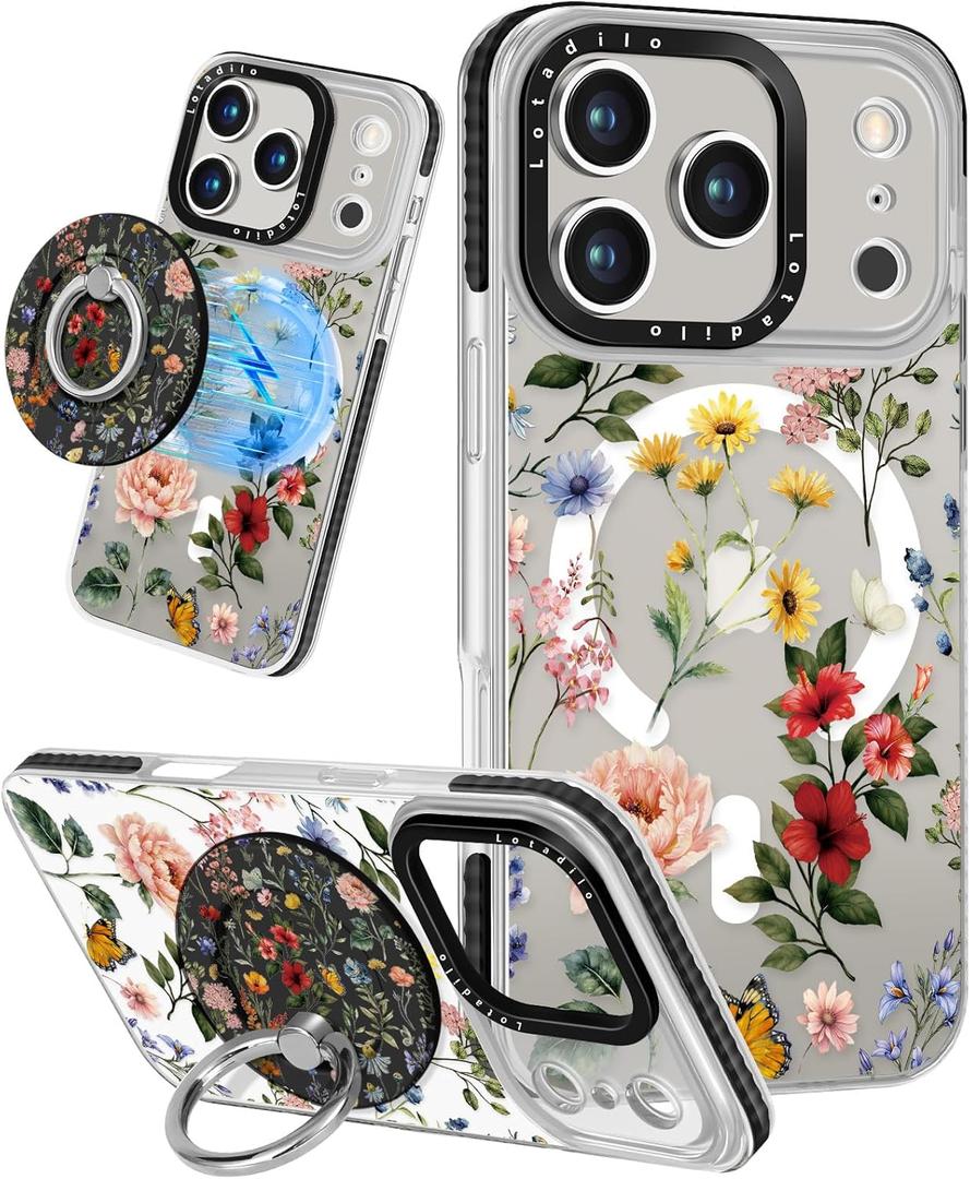 Lotadilo Case for iPhone 17 Pro Case Compatible with Magsafe Ring Holder Stand - for Women Retro Flower Design TPU Phone Cover for Girls Girly Funny Fashion
