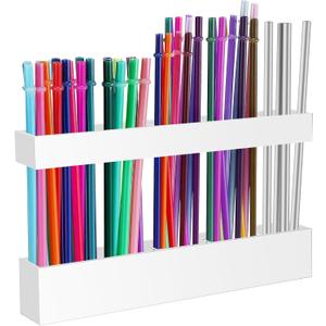 Acrylic Straw Holder for Cabinet Door - Reusable Tumbler Straw Organizer Storage, Small Kitchen Accessories Container, Ultra Sticky Cupboard Door Mounted (White, Large 9.5" (Most Cabinets))
