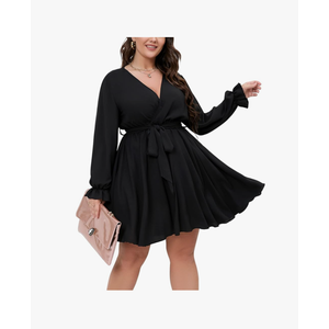 SCOMCHIC Women's Plus Size Long Sleeve Wrap V Neck Tie Waist A Line Mini Dress, 3XL