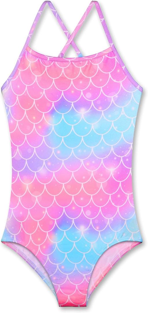 KSK KAISHEK Girls' Sparkle One-Piece Swimsuit 4-12Y Adjustable Crossback Straps Shimmer Bathing Suit for Beach Pool (7-8 Years, 01 Pink Mermaid Scale)