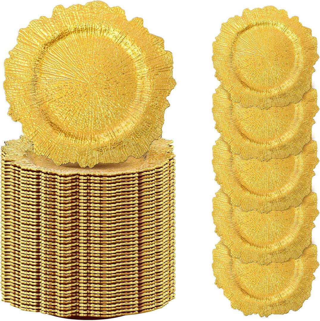 100 Pcs Gold Charger Plates Bulk 12.6 Inch Plastic Plate Chargers for Dinner Plates Floral Reef Design Round Ruffled Rim Dinner for Christmas Thanksgiving Wedding Party Event Supplies