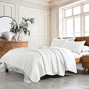 HORIMOTE HOME 100% Cotton Quilt Set Queen Size, White Pre-Washed 3-Piece Bedspread Coverlet Set, Cozy Lightweight Stitching Bedding Cover with 2 Shams in Geometric Pattern for All Season