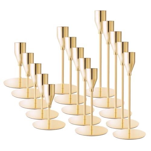 French Gold Taper Candle Holders for Wedding Table Centerpiece,Tall Taper Candlestick Holders Bulk Set of 15,Metal Candle Stick Holders for Dinning or Mantel Centerpiece,Party Home Decor