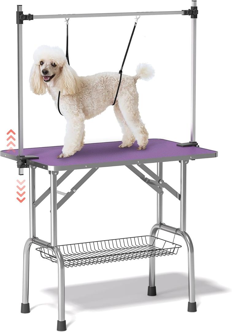 Lyromix Dog Grooming Table, Adjustable Large Pet Drying Desktop, Foldable Bathing Desk with Arms, Noose, Mesh Tray, Maximum Capacity Up to 330Lb (46Inch, Purple)