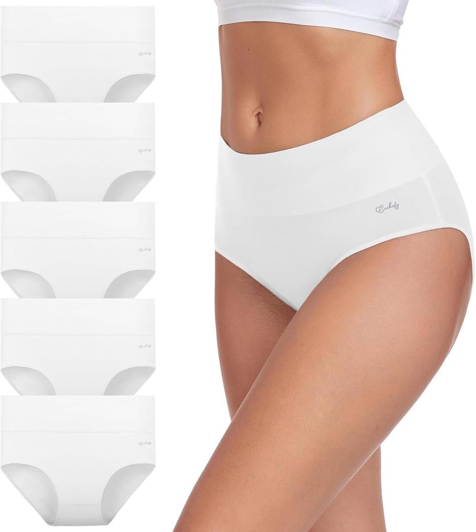 Coskefy Women's High Waisted Cotton Underwear Soft Breathable Panties Stretch Briefs Ladies Panties 5 Pack, L
