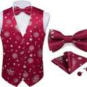 DiBanGu Mens Christmas Vest and Bow Tie Set Festival Christmas Snowflake Suit Vest for XmasNew Year Party Formal (Large, Burgundy Red Silver Snowflake)