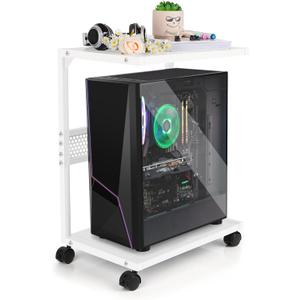 PC Stand Computer Tower Stand 2-Tier Metal CPU Holder with Locking Caster Wheels Suitable for Most PC (S,White)