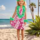 Girls Hawaiian Costume Rose Red Slip Dress with Flower Print Kids Halloween Costumes Luau Party Outfit (5-6 Years/120)