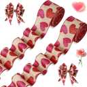2 Roll 20 Yards Glitter Hearts Wired Edge Burlap Valentine Ribbon Valentine's Day Wired Ribbon for DIY Gift Wrapping Wreath Crafts Decoration(2 in,Natural, Red, Pink)