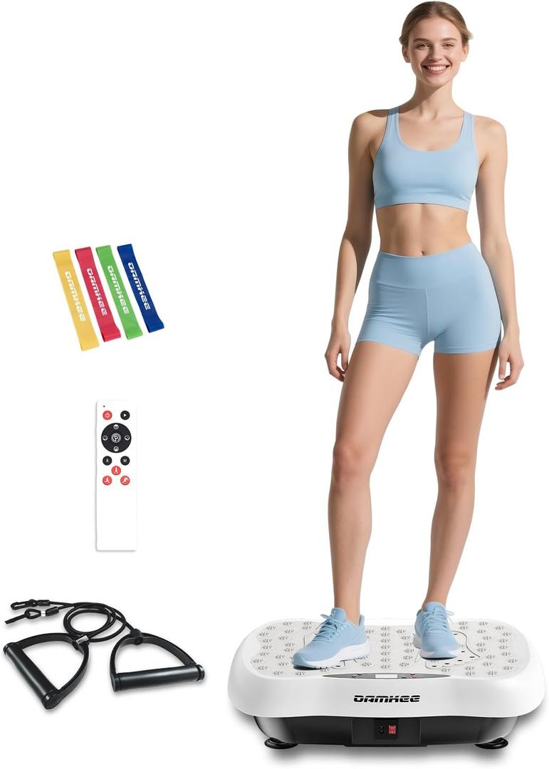 Vibrating Board Workout, Weight Loss Exercise Equipment and Lymphatic Drain Massager, Waver Fitness Exerciser, 4 Resistance Bands (White)