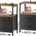 Huuger Nightstands Set of 2, End Tables with Charging Station, Side Tables with Fabric Drawers, Bedside Tables with USB Ports and Outlets, Night Stands for Bedroom, Rustic Brown and Black