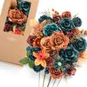Ling's moment Fake Flowers Box, Faux Artificial Greenery Stems Foam Roses Gardenia Silk Poppy Fabic Flower for Centerpieces Bouquet Wedding Vase Decorations, Teal & Burnt Orange, Deluxe Combo