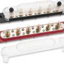 MOFEEZ Power Distribution Block Bus Bar, 6 x 5/16" Posts, 10 x #8 Screws Terminals, Max 48V 250A (Pair, Red & Black)