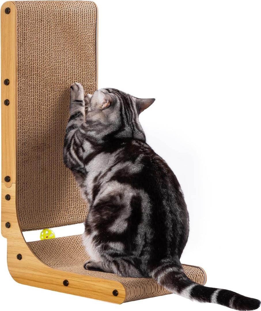 Poils bebe L Shape Cat Scratcher, 26.8 Inch Cat Scratchers for Indoor Cats, Protecting Furniture Cat Scratch Pad, Cardboard Cat Scratching with Ball Toy, Catnip, Large (1 PCS L Shape Cat Scratcher)