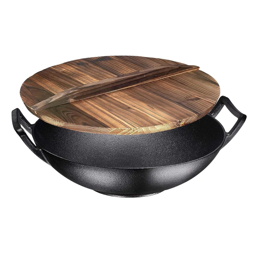 14 Inch Blue Enameled Cast Iron Wok/Pot - Bruntmor Nonstick Skillet Pan with Large Loop Handles for Versatile Cooking - Oven Safe & Electric Stovetop Compatible - Indoor and Outdoor Culinary Essential (Black With Lid)