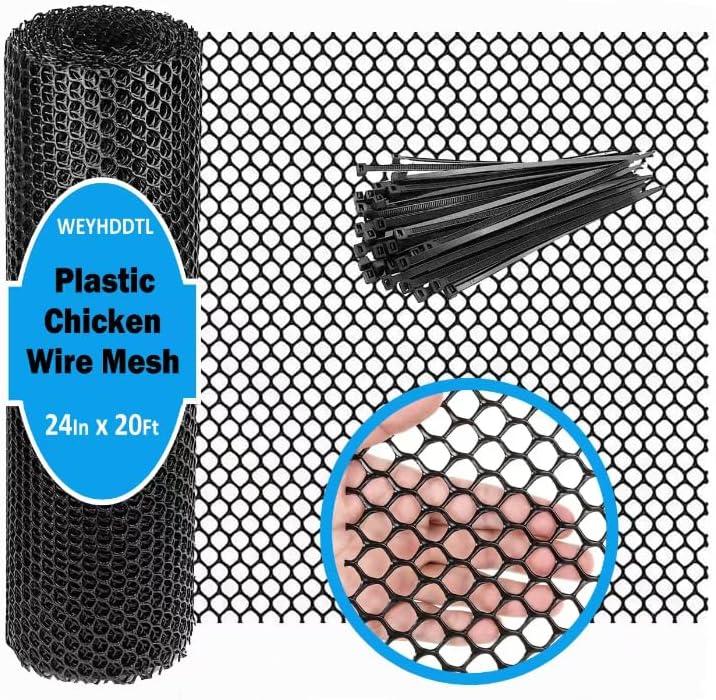 Plastic Chicken Wire Mesh - 24 in x 20 ft Black,Comes with 30 Twist Ties, Plastic Wire Mesh Fence for Dogs, Cats & Poultry - Garden Netting & Animal Barrier, Balcony Netting for Pets - WEYHDDTL