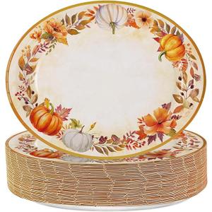 QIYANPAX Thanksgiving Paper Plates Large 9"x11" – Fall Watercolor Pumpkins Leaves Disposable Plates for Autumn Harvest Party, Dinner, Holiday Table Decor 25 PCS