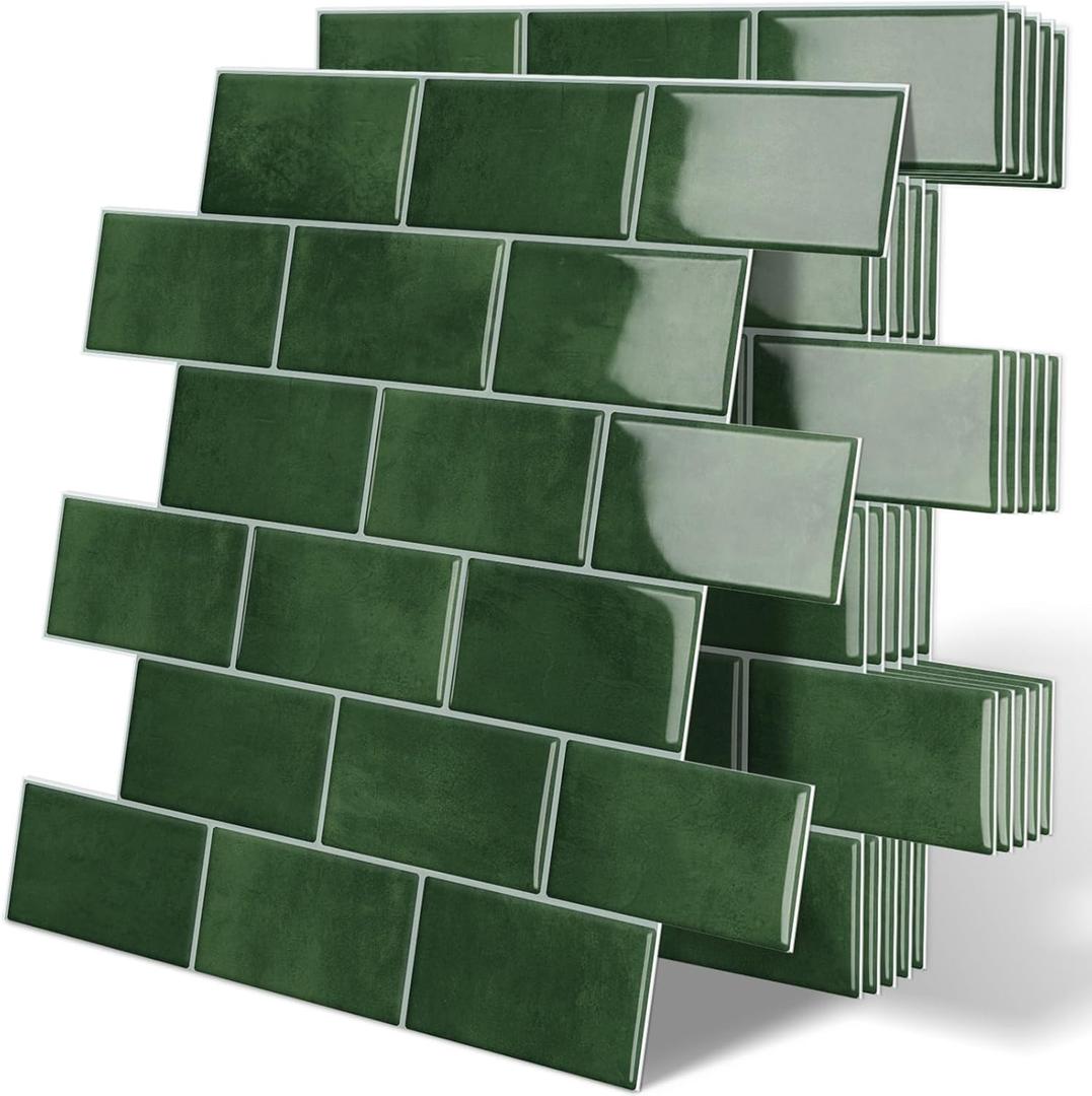 Thick Green Peel and Stick Backsplash Subway Tile 3D Brick Self Adhesvie Wall Tiles for Kitchen Bathroom (10-Sheet, 12"12")