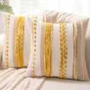 Boho Throw Pillow Covers 18x18 Set of 2 Farmhouse Decorative Cushion Case Striped Square Pillows Cover Chenille Pillow Cases Accent Neutral Pillowcase for Sofa Couch Bed,Yellow