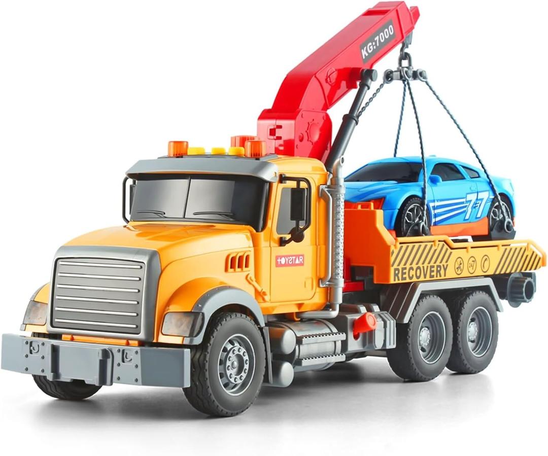 Dwi Dowellin Kids Toys for 3 4 5 6 7 Years Old Boys, 15" Large Tow Truck Toy,Friction Powered Transport Truck Crane Toy with Lights and Sounds,with Roadster,Toddlers Gifts