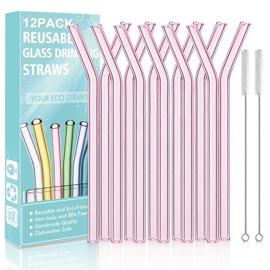 Reusable Bent Glass Drinking Straws,Set of 12 Bent Straws With 2 Cleaning Brushes,Shatter Resistant,Non-Toxic,Eco Friendly Reusable Straws (Pink 12 Pack)