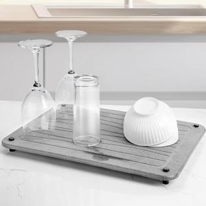 Stone Dish Drying Mats for Kitchen Counter 15.7"x 11.8" Quick Dry Stone Drying Mat Super Absorbent Diatomaceous Earth Drying Mat with 4 Non-Slip Stainless Steel Feet for Dishes&Cups Dark Grey