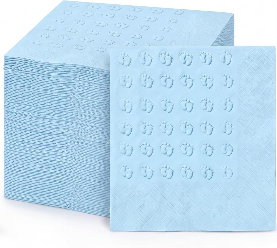 Resurhang 100 Pack Baby Shower Napkins for Boy 5" x 5" Embossed Footprints 2-ply Blue Disposable Paper Cocktail Napkin for Baby Shower Gender Reveal Party Pregnancy Announcement Beverage Table Decor