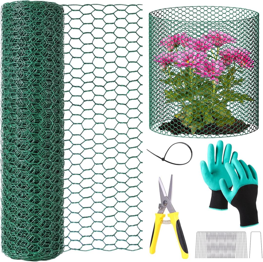 32.8ftx16In Plant Protectors from Animals,Plant Cages for Outdoor Plants,Wire Plant Protector Cage,Wire Plant Protector,Chicken Wire Cloche with Ground Stakes & Nylon Ties Protect Plants from Animals