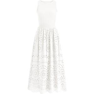 dowerme Women Summer Dresses 2025 Casual Sleeveless Crewneck A-Line Boho Lace Eyelet Cotton Tank Maxi Dress with Pockets (Medium, White)