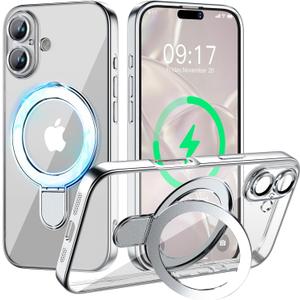 Magnetic for iPhone 17 Case with Invisible Stand[Compatible with MagSafe][Full Camera Lens Protector][Military Drop Protection] Shockproof Not Yellowing Clear Slim Soft for Women Men (Silver)