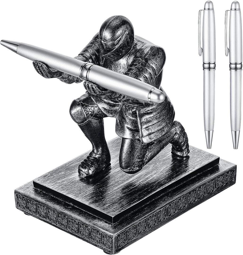 Spakon Knight Pen Holder with 2 Pens Resin Desk Organizers and Accessories Funny Executive Pen Stand Fancy Cool Office Gadgets Cool Desk Decorations for Men Home Supplies(Classic,Iron)