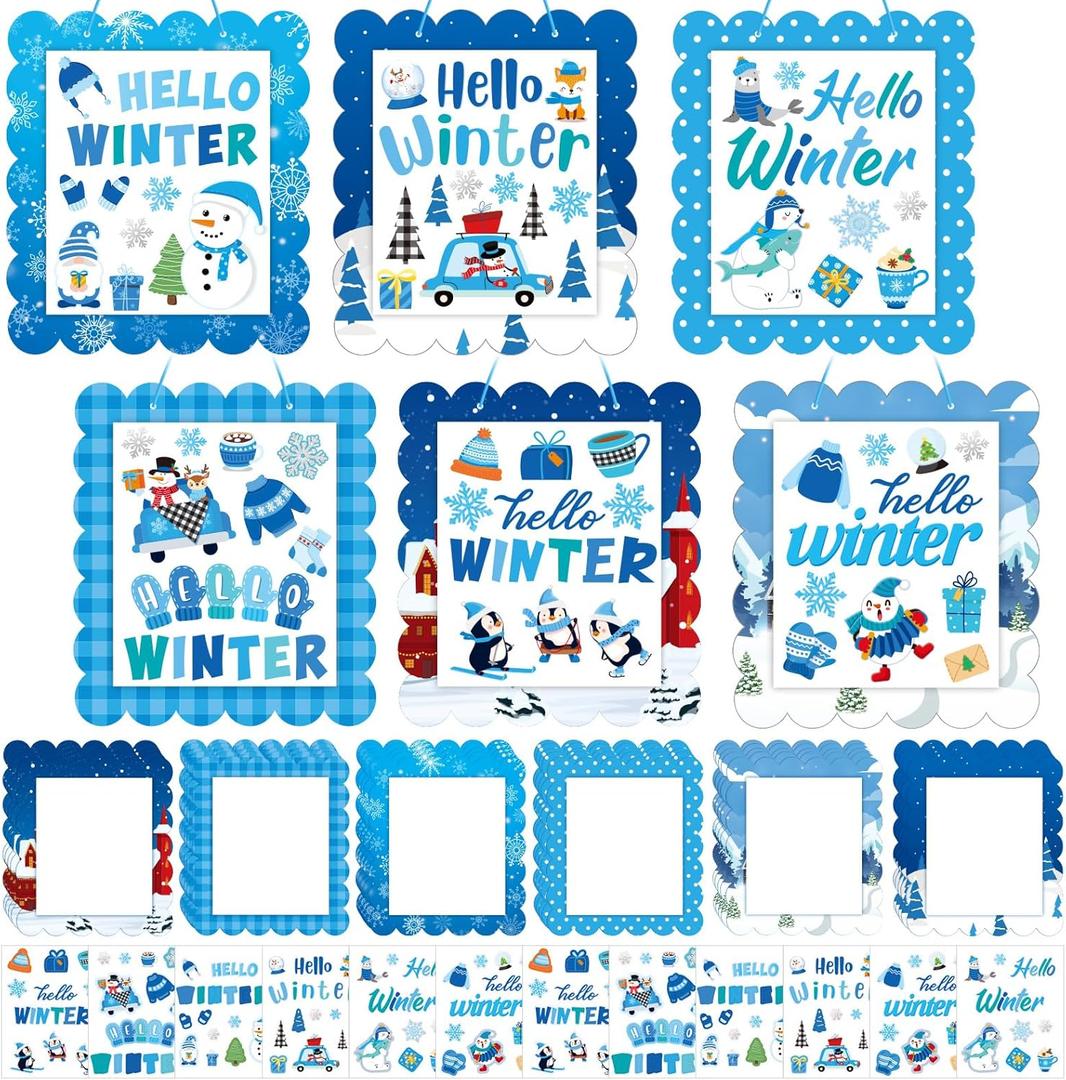 Suzile 30 Pcs Hello Winter Paper Craft Kits Make Your Own Winter Ornaments DIY Arts and Sticker Crafts for Christmas Holiday Game Activities Classroom Decorations